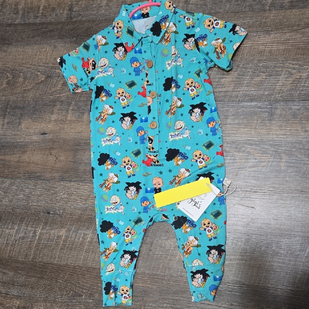 6-12 Month Bamboo Teal 90's Cartoon Print One-Piece Romper